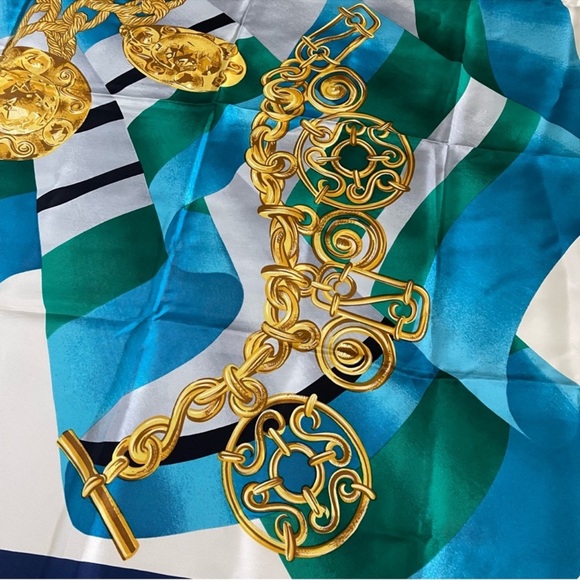 Celine Navy, Teal & Gold Silk Square Scarf - Picture 3 of 5